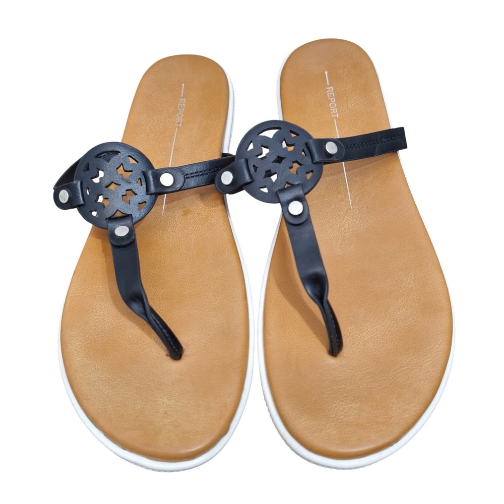 Report Women's 8.5 Jocelyn Black Medallion Thong Sandals T-Strap Flat Flip Flops